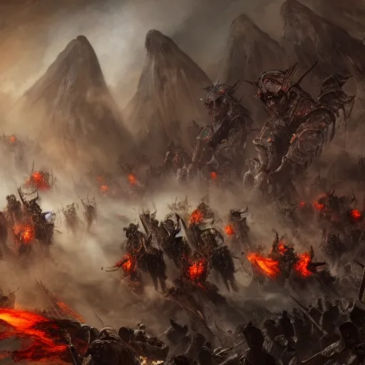 Prompt: an army of demons flying out of a volcano with flag bearers and trumpeters, intricate detail, royo, vallejo, frazetta, giger, whealan, hd, unreal engine,