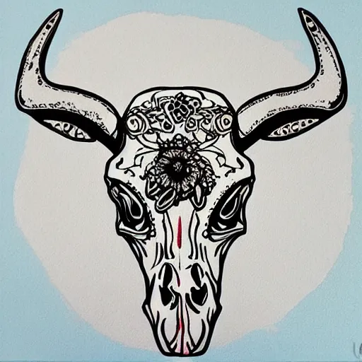 Prompt: “painted bull skull, dotart, album art in the style of James Jean”