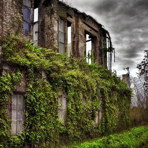 Image similar to Beautiful Landscape art of a ancient futuristic looking civilization, urbex, abandonned buildings, ivy creeping around technology