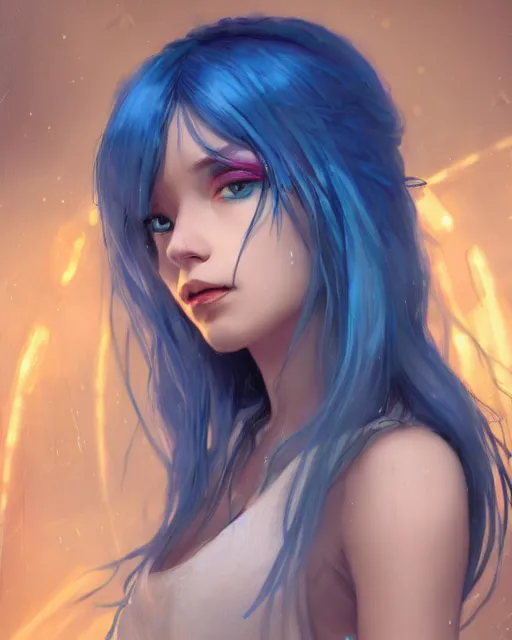 Prompt: stunningly beautiful female blue hair, dj sura, laser lights background, sharp focus, digital painting, 8 k, concept art, art by wlop, artgerm, greg rutkowski and alphonse mucha