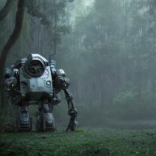 Prompt: still from a big budget scifi movie of a misty swamp planet, a mech with many wires and cable joints with translucent white plastic armor walks above the forest canopy