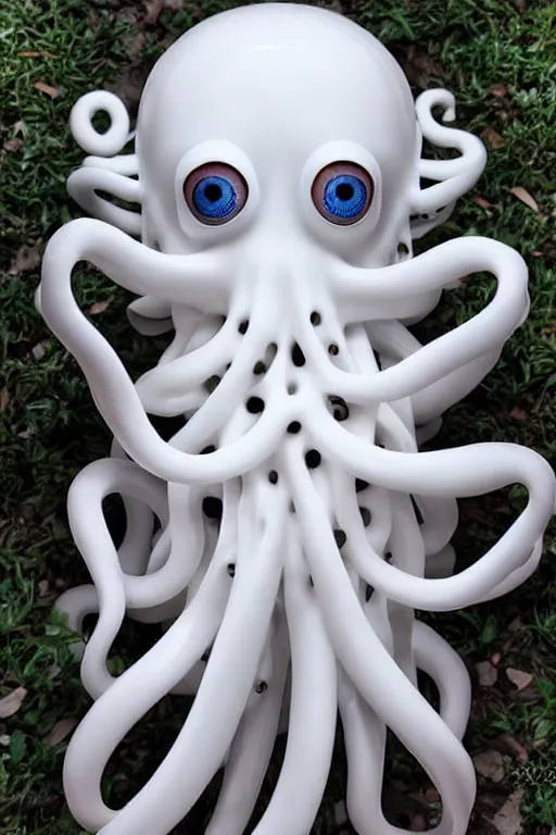 Prompt: full head and shoulders, beautiful porcelain female person, with many eyeballs, smooth, delicate facial features, white detailed eyes, white lashes, 3 d white shiny thick, large octopus tentacles and eyeballs by daniel arsham and james jean