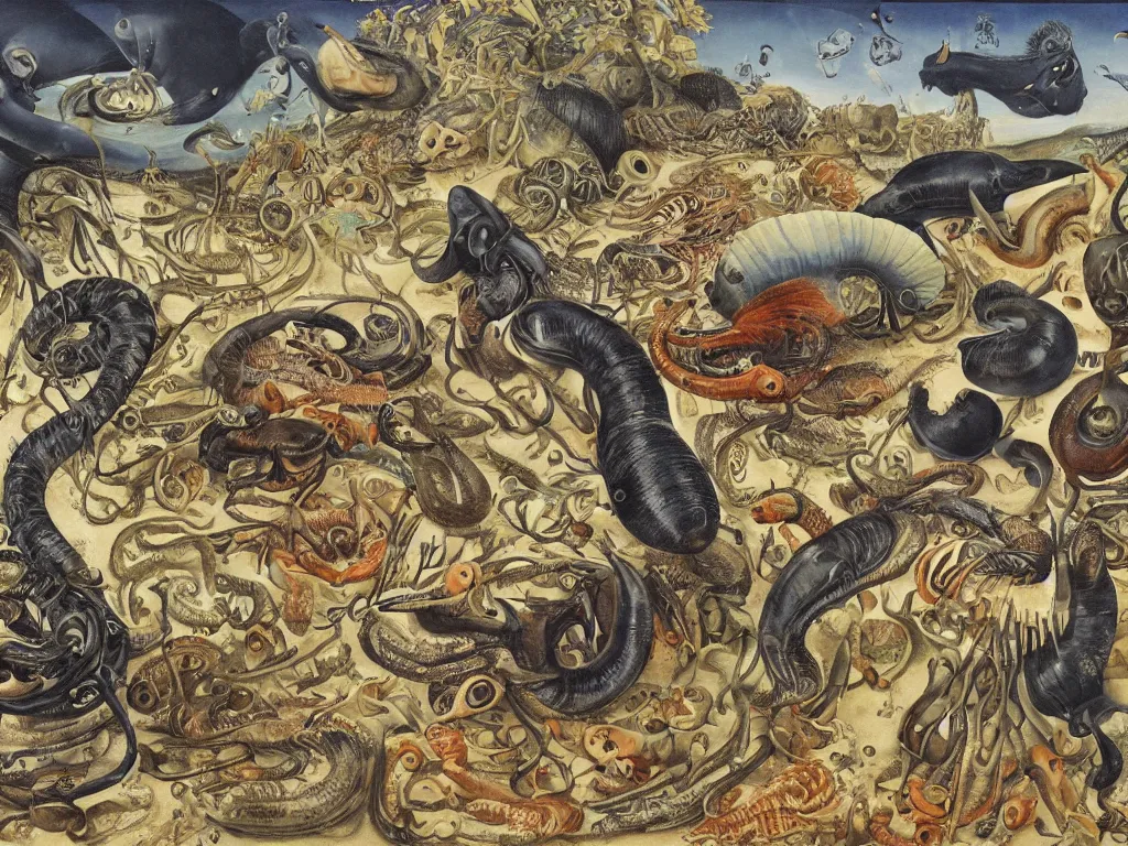 Prompt: The mollusks are reproducing. Long blue eyes. The human metropolis falls and crumbles, Autumn light, harsh. Painting by Walton Ford, Lucas Cranach, Otto Dix