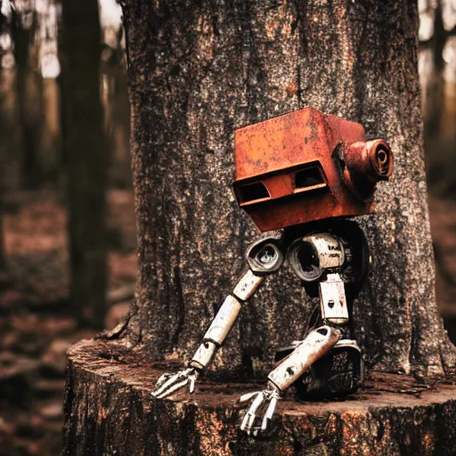 Prompt: rusty robot with a human arm, sitting on a stump in the forest, high quality photo, sigma 5 5 mm