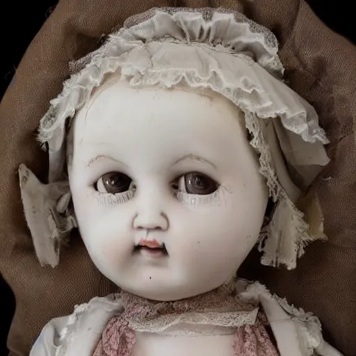 Image similar to A sweet, sad, beautifully shabby antique composition baby doll. She has unusually expressive tin litho sleep eyes, that look as if they’ve seen a world of melancholy.