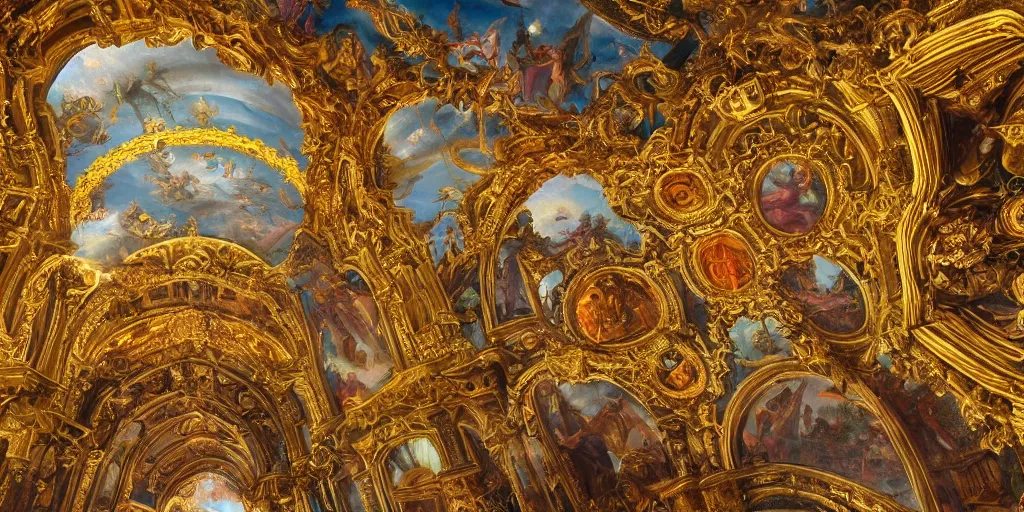 Image similar to beautiful ornate heavenly gold rococo megastructure in the style of heironymus bosch, colorful light intricate masterpiece, hyper detailed, hd