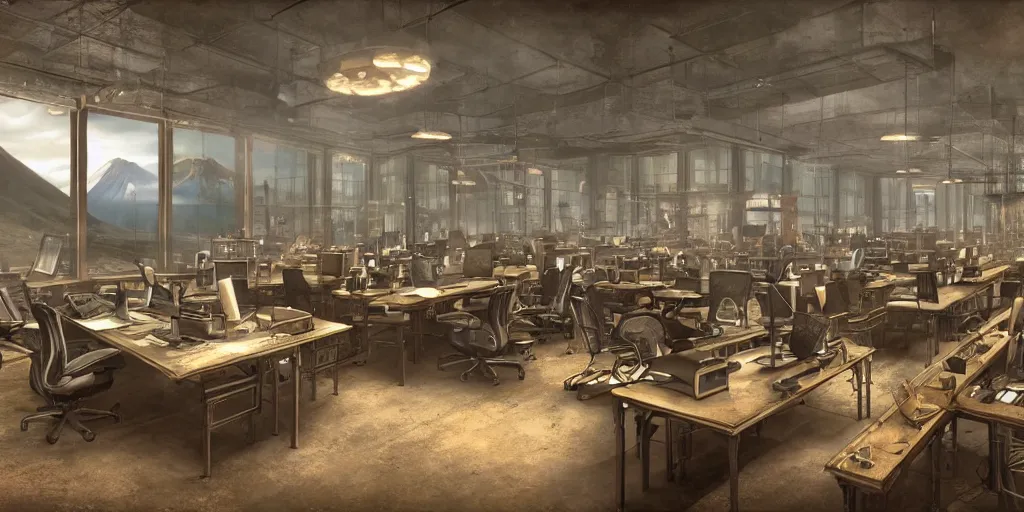 Image similar to an steampunk office with multiple desks, windows of a volcano in the background hyper - realistic digital art