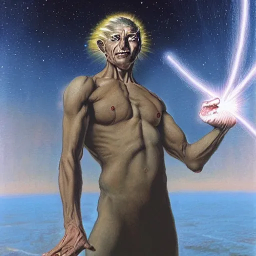 Image similar to a powerful psychic man emitting psychic powers, by peter elson,