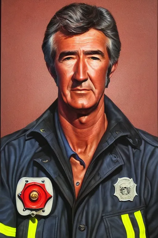 Image similar to hyper realistic painting of randy mantooth as a fire fighter by chuck close and richard corben, very handsome, hyperdetailed, vivid colours, sharp focus, dramatic lighting, exotropia eyes