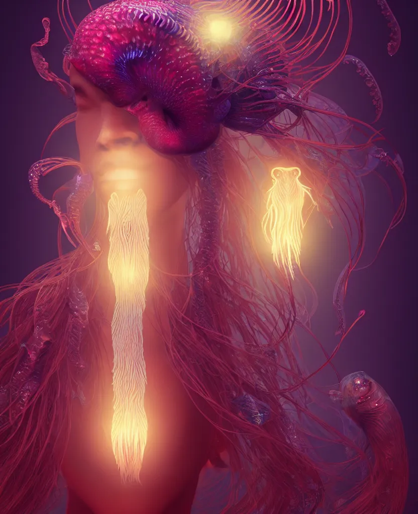 Image similar to goddess close-up portrait. orchid jellyfish phoenix head, nautilus, skull, betta fish, bioluminiscent creatures, intricate artwork by Tooth Wu and wlop and beeple. octane render, trending on artstation, greg rutkowski very coherent symmetrical artwork. cinematic, hyper realism, high detail, octane render, 8k