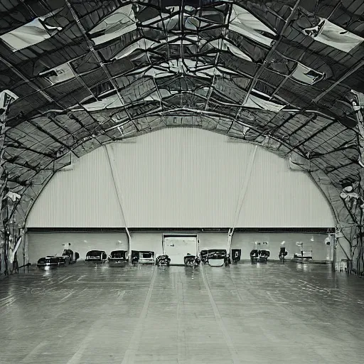 Image similar to an alien craft inside a hanger, old photo, vintage photo, grainy, realistic, real photo,