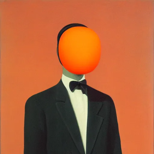 Prompt: portrait of a man in a suit with an orange in front of his face, full body shot, painting by rene magritte, high detail, high resolution