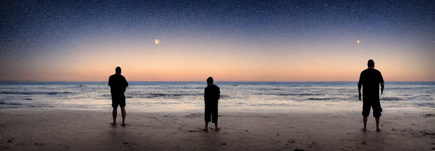 Prompt: man standing on the beach fishing in the ocean a distant galaxy and a planet with rings visible in the dusk sky highly detailed photograph high resolution 8 k