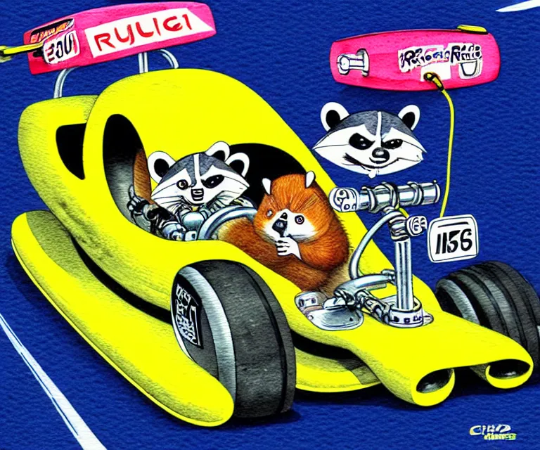 Image similar to cute and funny, racoon wearing a helmet riding in a tiny top fuel dragster funny car, ratfink style by ed roth, centered award winning watercolor pen illustration, isometric illustration by chihiro iwasaki, edited by range murata