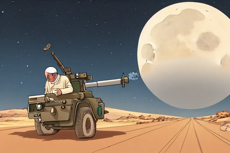 Image similar to a study of a cell shaded cartoon pope firing a bazooka on a desert road in front of a big moon, full body, wide shot, very muted colors, post grunge, studio ghibli, laurie greasley, highly detailed, deviantart, art by artgem