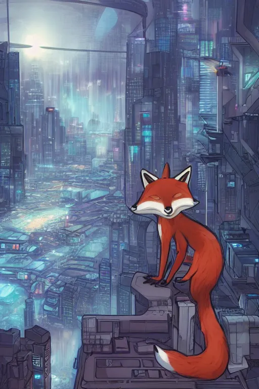 Image similar to an anthropomorphic fox with a fluffy tail staring over a futuristic city from the top of a roof, comic art, trending on furaffinity, cyberpunk, backlighting, cartoon