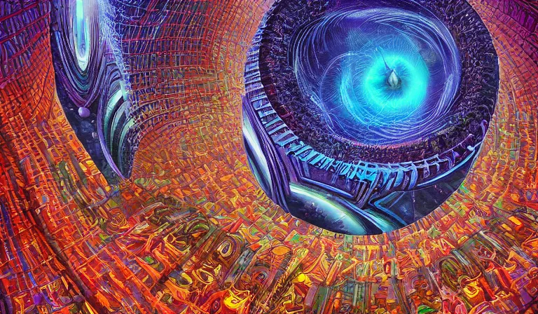 Image similar to an expansive octane redshift rendering of beautiful and complex interwoven timespace rift continuum portal fractal quantum by dan mumford, by jim fitzpatrick, by joe wilson, by jim burns, by victo ngai, by jacek yerka, featured on deviant art, trending on artstation