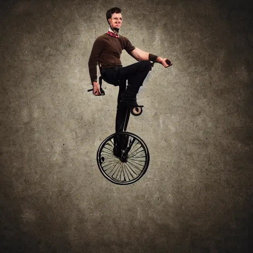 Image similar to man riding a unicycle on the edge of a knife , circus background