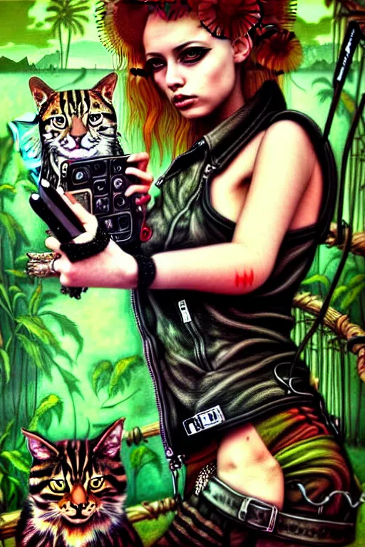 Prompt: punk rock girls making selfie with cats in jungle , mad max jacket, post apocalyptic, renaissance, oil painting like Leonardo Da Vinci, hyper realistic style, fantasy by Olga Fedorova