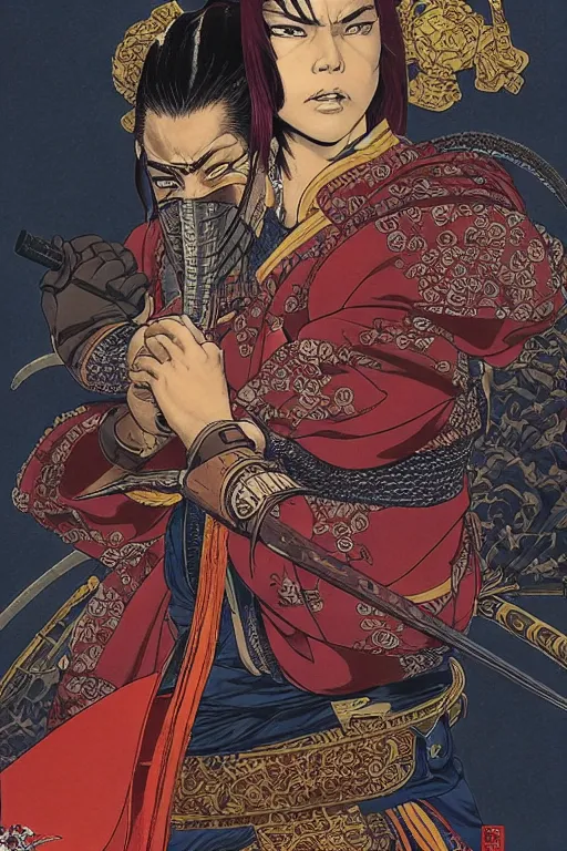 Image similar to poster of sara duterte as a samurai, by yoichi hatakenaka, masamune shirow, josan gonzales and dan mumford, ayami kojima, takato yamamoto, barclay shaw, karol bak, yukito kishiro, highly detailed