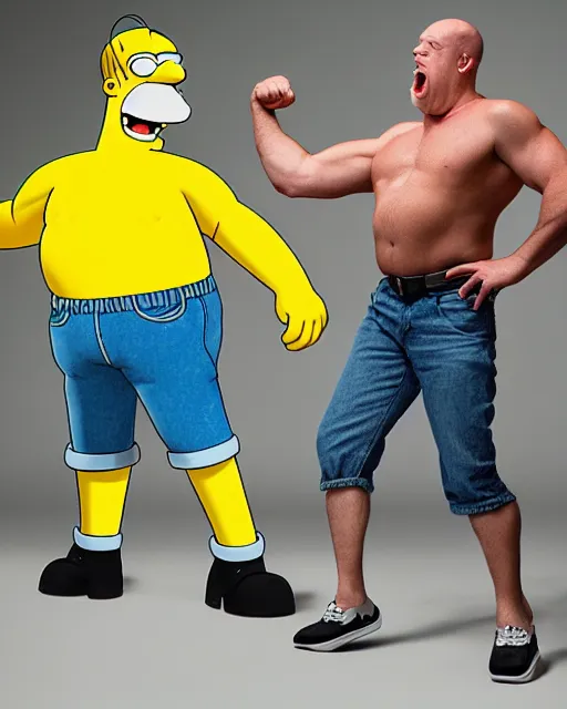 Prompt: photograph of Homer Simpson and Bart Simpson try bodybuilding, photorealistic in the style of Annie Leibovitz, Studio Lighting