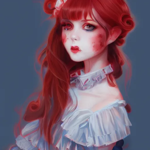 Image similar to a girl wearing lolita clothes, red hair, blue eyes, highly detailed, digital painting, artstation, concept art, smooth, sharp focus, illustration