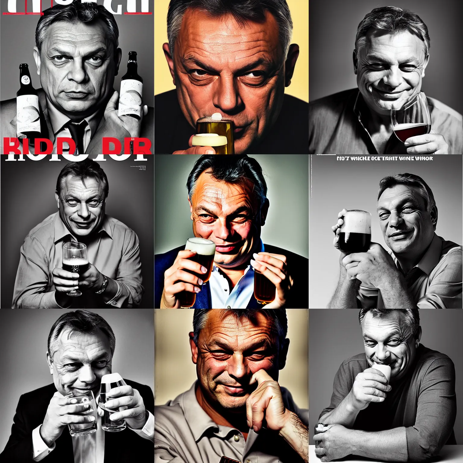 Prompt: headshot magazine cover photo of viktor orban winking with beer from a wine glass by peter lindbergh, studio lighting