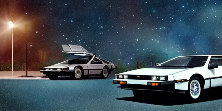 Image similar to photorealistic cinematography of a photorealistic Scientifically accurate Delorean parked at night in the Twin Pines Mall in the year 1985 with one door open