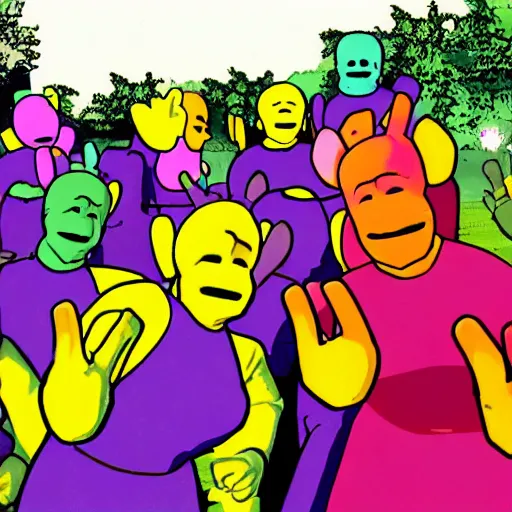 Prompt: a hoard of teletubbie zombies