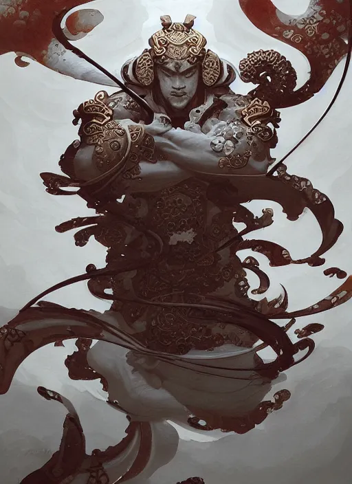 Image similar to subsurface scattering, white, koi, samurai deity with koi armor, art nouveau swirls, octane render, by jesper ejsing, james jean, justin gerard, tomasz alen kopera, cgsociety and fenghua zhong, highly detailed, rim light, cinematic lighting, art, very coherent, cinematic, hyper realism, high detail, 8 k