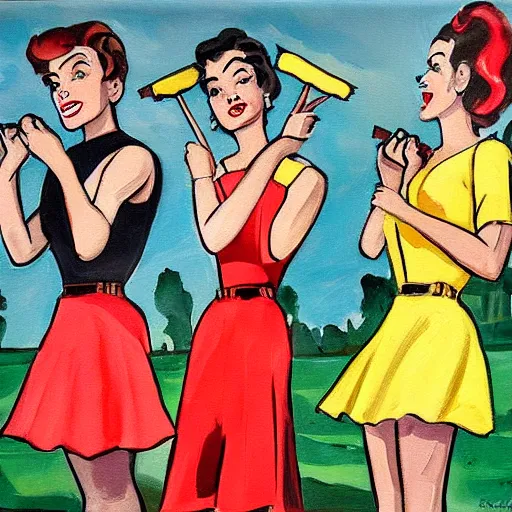 Image similar to a painting of three teenagers with rockabilly haircuts holding yellow popsicles and looking at women in the streets in the 1 9 5 0 s high details