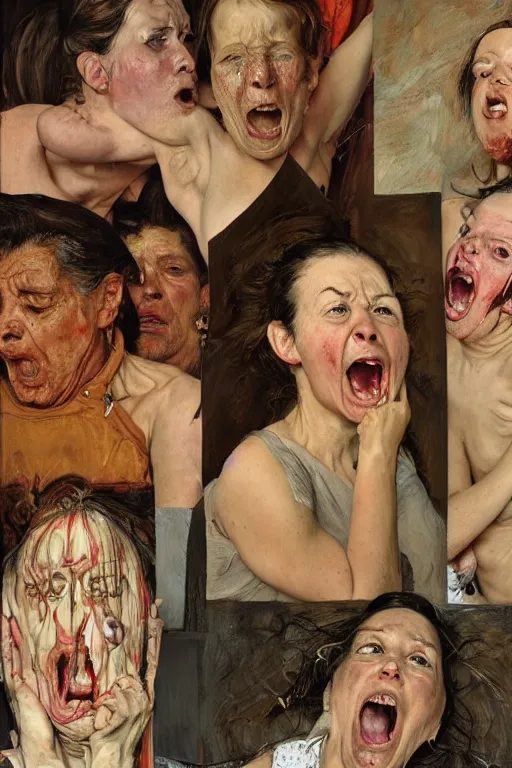 Image similar to portraits of a woman enraged, part by Jenny Saville, part by Lucian Freud, part by Norman Rockwell