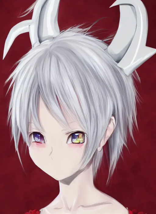 Image similar to white haired anime girl with horns, red eyes, cute