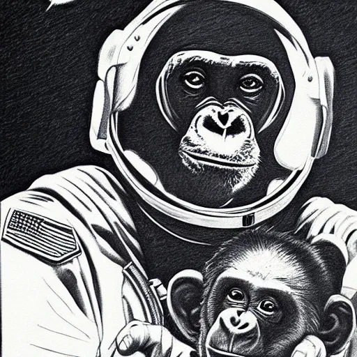 Image similar to pencil art, portait, highly detailed, epic, astronaut chimpanzee holding hands with astronaut.