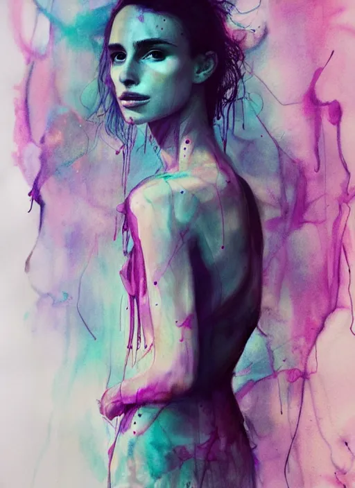 Prompt: nathalie portman full body by agnes cecile, pastel light colours, ink drips, autumn lights