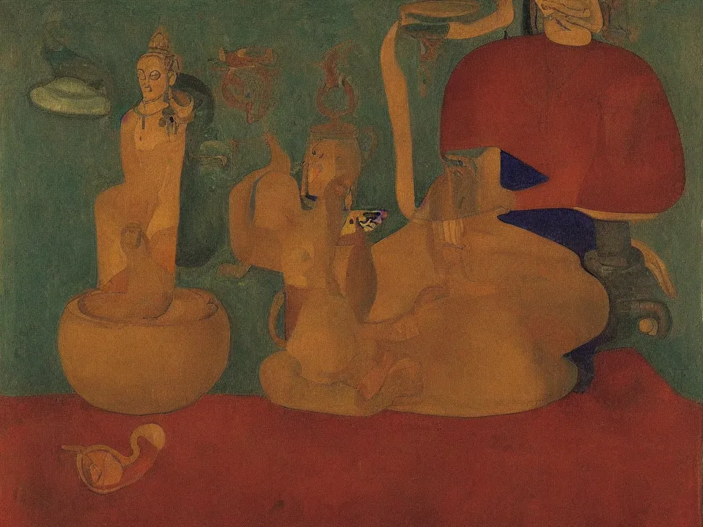 Image similar to Portrait of a Tantric deity with amphora. Lapis Lazuli, malachite, cinnabar. Painting by Balthus, Morandi