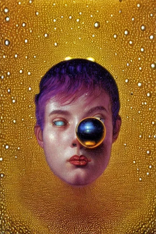 Image similar to 8 0 s close up portait of mushroom head with big mouth surrounded by spheres, rain like a dream oil painting curvalinear clothing cinematic dramatic fluid lines otherworldly vaporwave interesting details epic composition by artgerm rutkowski moebius francis bacon gustav klimt