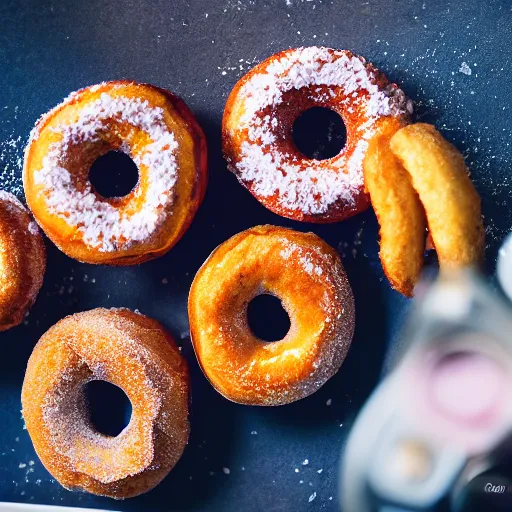 Image similar to fried donuts, menu magazine bar, canon eos r 3, f / 1. 4, iso 2 0 0, 1 / 1 6 0 s, 8 k, raw, unedited, symmetrical balance, in - frame