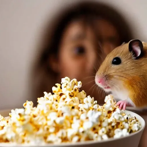 Image similar to photo of a hamster, full cheeks, eating popcorn from a bucket of popcorn, various poses, unedited, soft light, sharp focus, 8 k