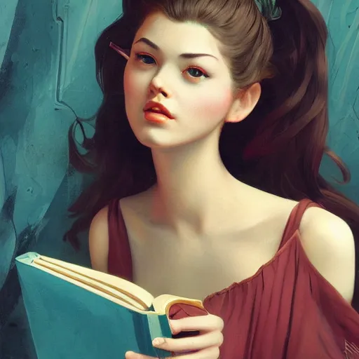 Image similar to a girl reading a book, hair flowing down, matte painting, bold shapes, hard edges, street art, trending on artstation, by huang guangjian and gil elvgren and sachin teng