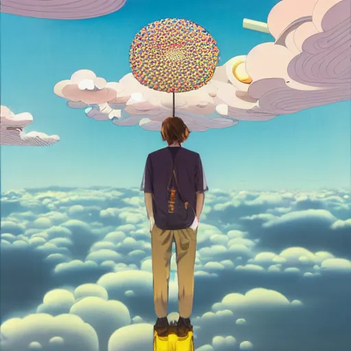 Image similar to a man walking on clouds away from the camera above kyoto by takashi murakami, beeple and james jean, aya takano color style, 4 k, super detailed, modern, 4 k, symmetrical