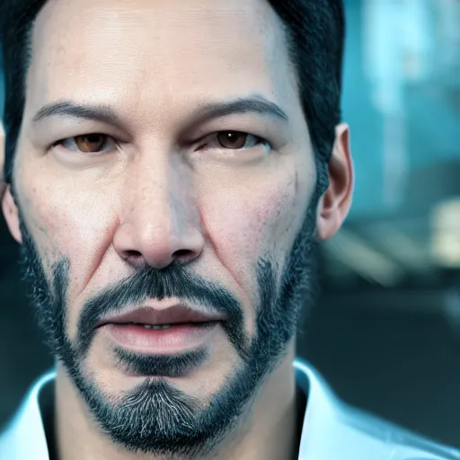 Image similar to portrait of keanu cyborg reaves, ultra realistic photography, octane render, 8 k, unreal engine