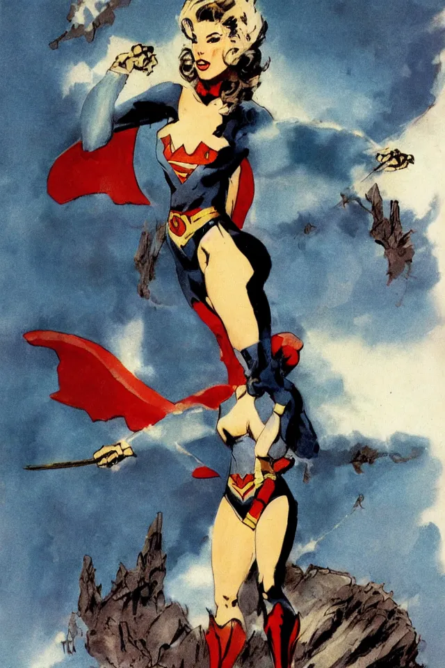 Image similar to full-length figure of a beautiful woman dressed as a super hero in the style of Frank Frazetta