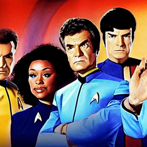 Prompt: realistic promotional photograph star trek next generation but everyone is columbo