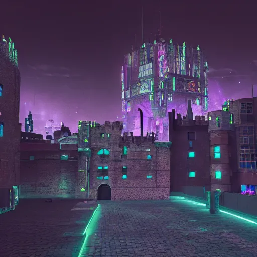 Prompt: cyberpunk landscape of medieval london with a castle. neon. night scene. glow. digital art. octane render.