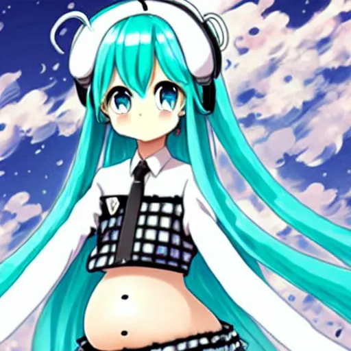 Image similar to hatsune miku pregnant with triplets at 4 0 weeks, baby movings in belly, anime art, trending on pixiv