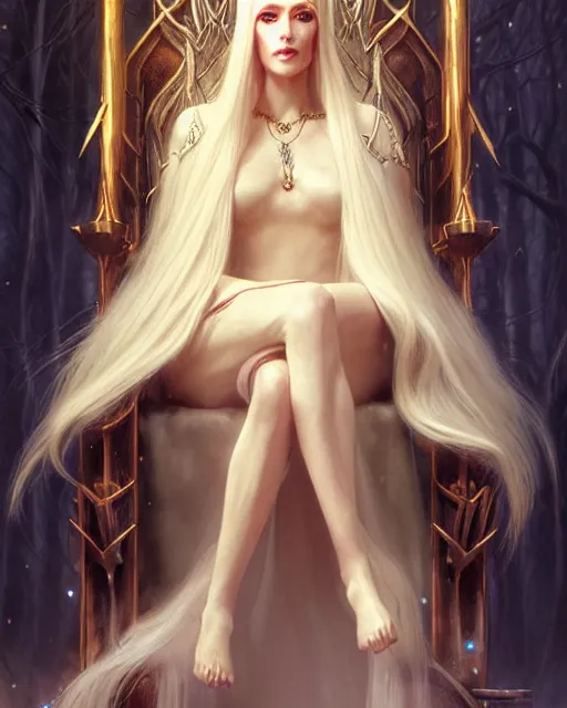 Image similar to tall elven queen sitting on the throne, full body, long white hair, pale skin, golden eyes | | realistic shaded, fine details, fine - face, realistic shaded lighting poster by greg rutkowski, magali villeneuve, artgerm, jeremy lipkin, michael garmash, rob rey