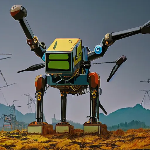 Image similar to giant quadrupedal mining drone, four legs, highly detailed body, industrial robot, photorealistic camera shot, in the style of simon stalenhag