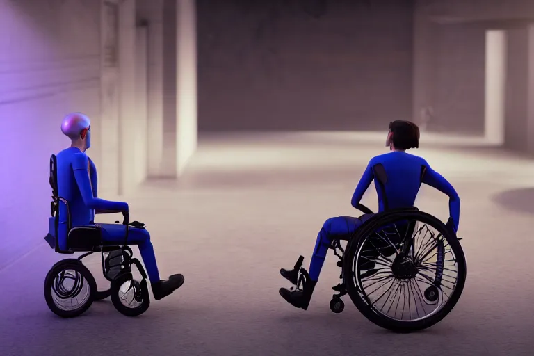 Prompt: ultra realistic details, hyper real, unreal engine 5, octane render, human on a wheelchair, blue neon two wheels, beautiful lighting, post processing