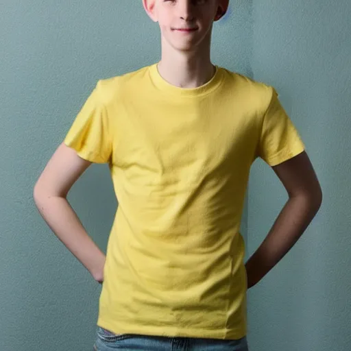 Prompt: a skinny pale teenage boy wearing a yellow t-shirt with fluffy blue hair